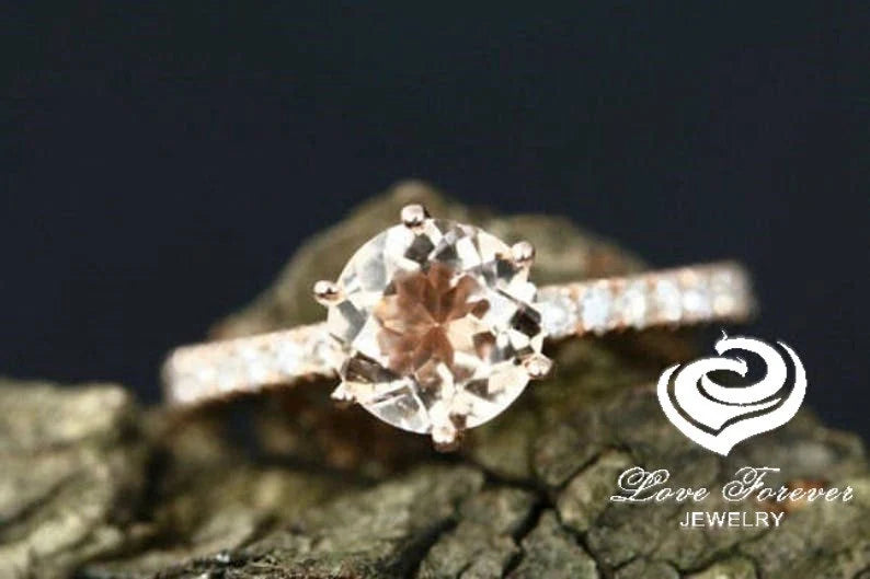 Morganite Engagement Ring Set In 14K Rose Gold, Morganite Round Engagement Ring, Rose Gold Morganite Bridal Set