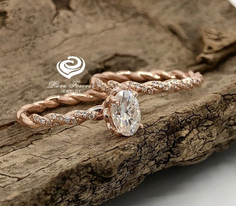 1 CT Oval Bridal Set, Forever One Moissanite Bridal Set, Oval Engagement Ring 14K Rose Gold, Oval Cut Wedding Set, Hidden Diamond Ring Set