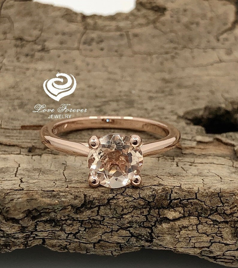 Rose Gold Morganite Round Wedding Set, Round Morganite Engagement Ring, Morganite Wedding Set, 6mm Morganite Engagement Ring Set