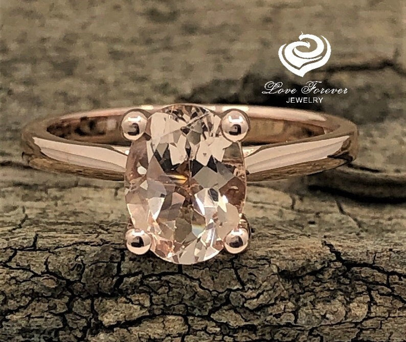 Rose Gold Morganite Oval Cut Wedding Set, Oval Morganite Engagement Ring, Morganite Wedding Set, Morganite Engagement Ring Set