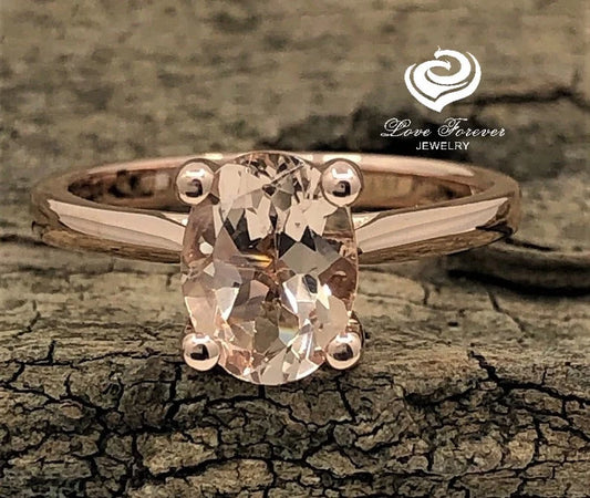 14k Rose Gold Solitaire Ring Engagement Ring Morganite Ring 8x6mm Oval Cut Morganite Wedding Ring Anniversary Ring