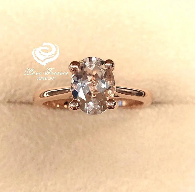 14k Rose Gold Solitaire Ring Engagement Ring Morganite Ring 8x6mm Oval Cut Morganite Wedding Ring Anniversary Ring