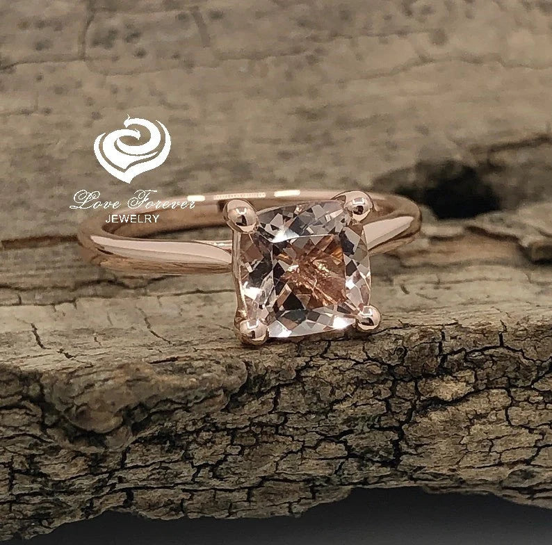 14k Rose Gold Engagement Ring Morganite Ring 7mm Cushion Cut Morganite Solitaire Ring Anniversary Ring