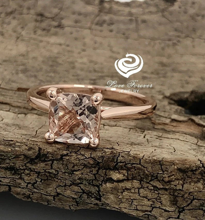 14k Rose Gold Engagement Ring Morganite Ring 7mm Cushion Cut Morganite Solitaire Ring Anniversary Ring