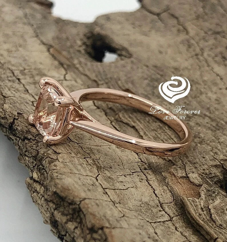 14k Rose Gold Engagement Ring Morganite Ring 7mm Cushion Cut Morganite Solitaire Ring Anniversary Ring