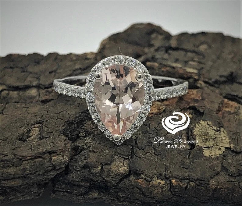 Pear Cut Engagement Ring in 14k Gold Diamond Ring Morganite Ring 10x7mm Pear Cut Morganite Halo Diamond Wedding Ring