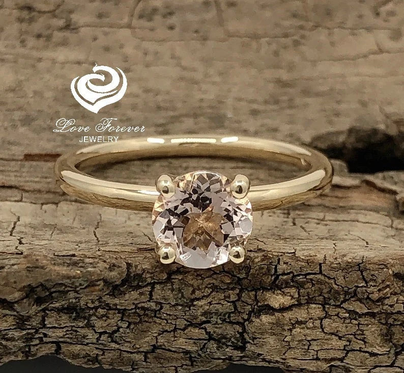 14k Yellow Gold Engagement Ring Solitaire Ring Morganite Ring 7mm/1.30 Carats Round Cut Morganite Wedding Ring Anniversary Ring