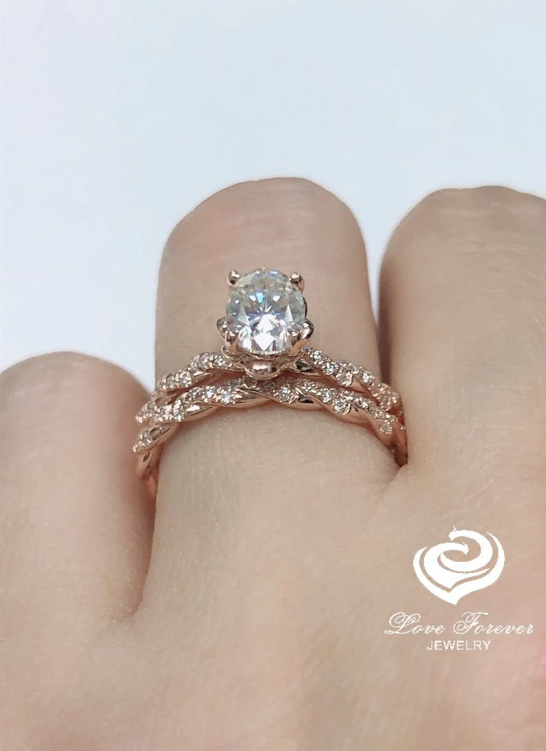 1 CT Oval Bridal Set, Forever One Moissanite Bridal Set, Oval Engagement Ring 14K Rose Gold, Oval Cut Wedding Set, Hidden Diamond Ring Set