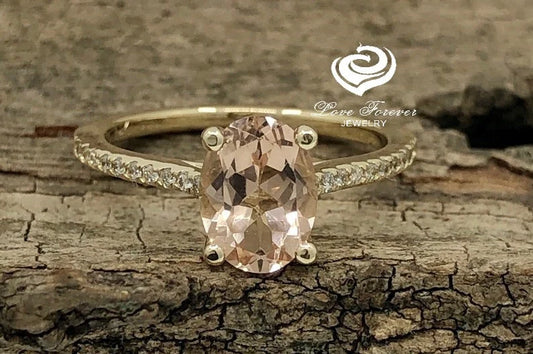 14k Yellow Gold Engagement Ring Morganite Ring Diamond Ring 8x6mm Oval Cut Morganite Diamond Wedding Ring