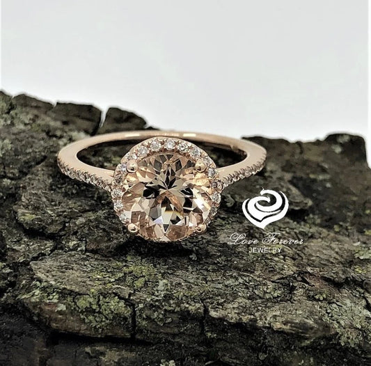 14k Rose Gold Diamond Ring Morganite Ring 8mm Round Cut Morganite Halo Diamond Engagement Ring