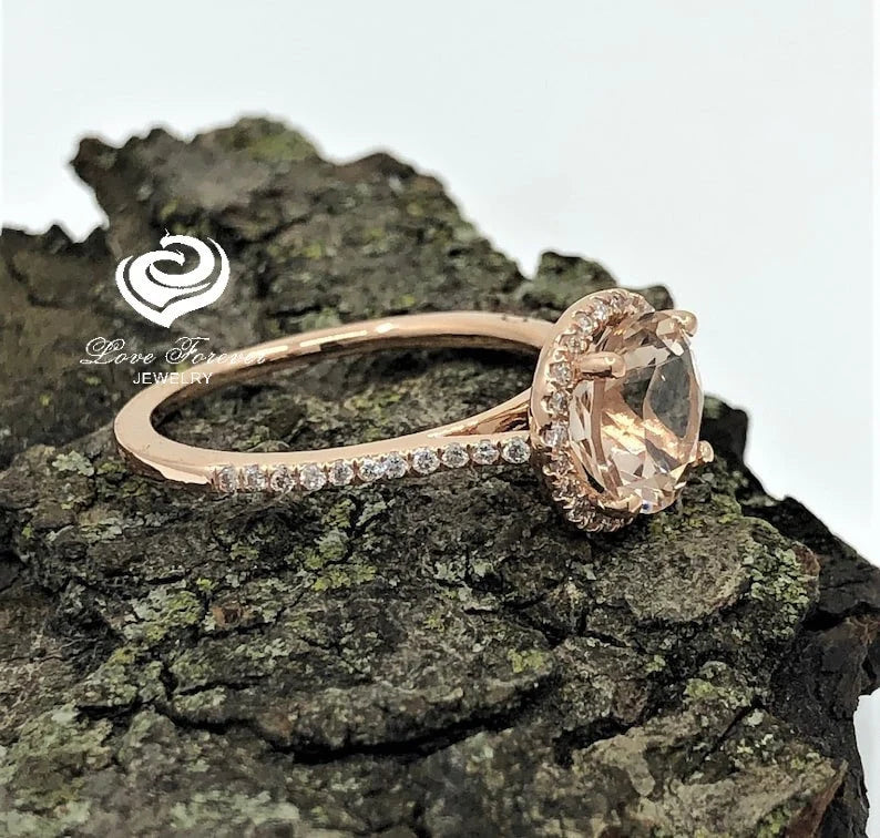 14k Rose Gold Diamond Ring Morganite Ring 8mm Round Cut Morganite Halo Diamond Engagement Ring