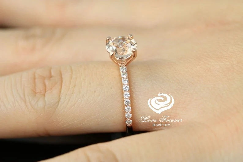 Engagement Ring 14k Rose gold Morganite Ring Diamond Ring 7mm/1.35 Carats Round Cut Morganite Diamond Wedding Ring