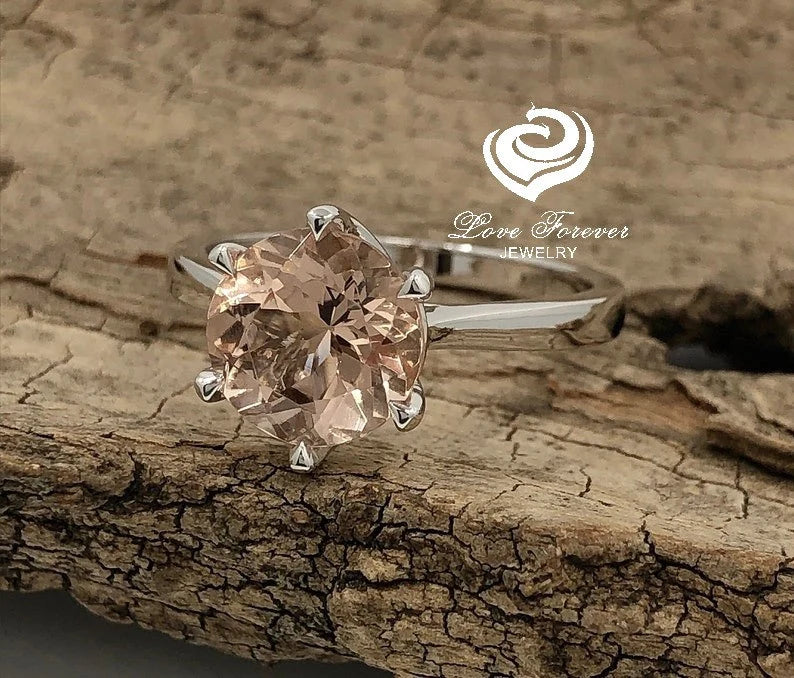 14k White Gold Solitaire Ring Morganite Ring Engagement Ring 9mm/2.60 Carats Round Cut Morganite Wedding Ring Anniversary Ring