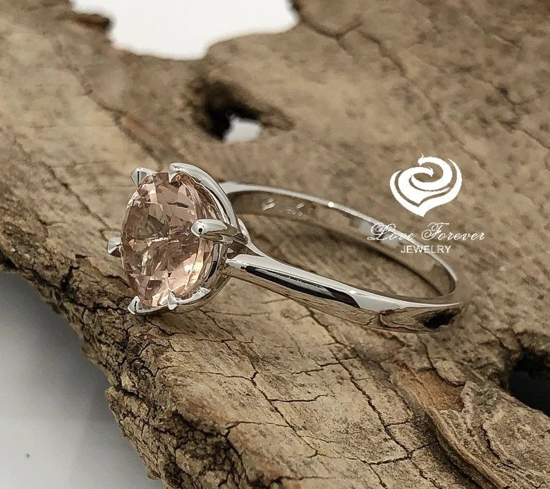 14k White Gold Solitaire Ring Morganite Ring Engagement Ring 9mm/2.60 Carats Round Cut Morganite Wedding Ring Anniversary Ring