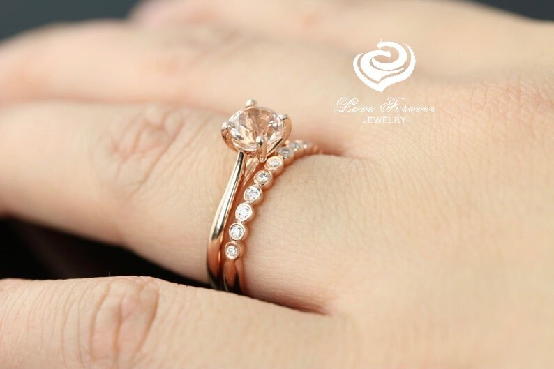 Rose Gold Morganite Round Wedding Set, Round Morganite Engagement Ring, Morganite Wedding Set, 6mm Morganite Engagement Ring Set