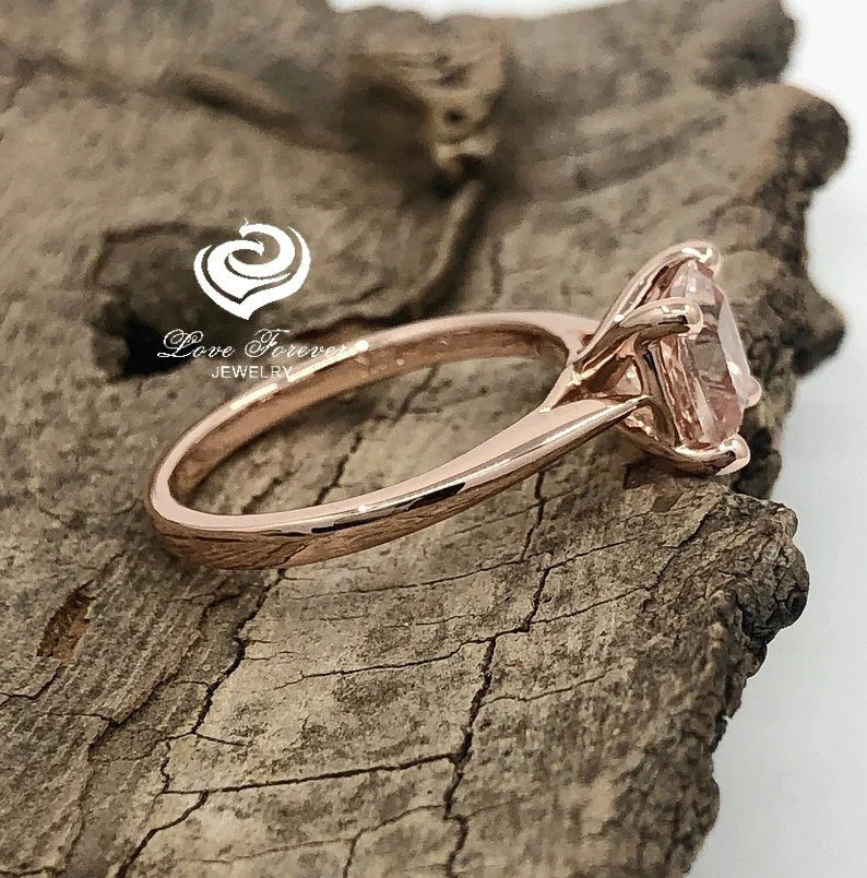 14k Rose Gold Engagement Ring Morganite Ring 7mm Cushion Cut Morganite Solitaire Ring Anniversary Ring