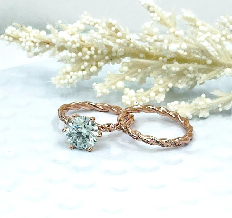 Bridal Set 14k Rose Gold 2 CT Round Aqua Blue Moissanite Engagement Ring, Diamond Eternity Band, Round Cut Moissanite Wedding Set