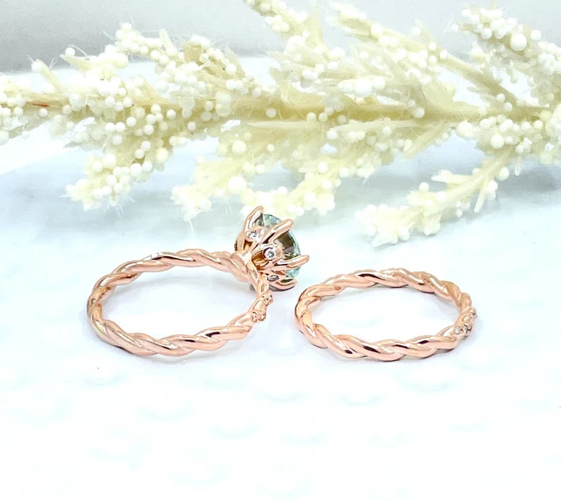 Bridal Set 14k Rose Gold 2 CT Round Aqua Blue Moissanite Engagement Ring, Diamond Eternity Band, Round Cut Moissanite Wedding Set