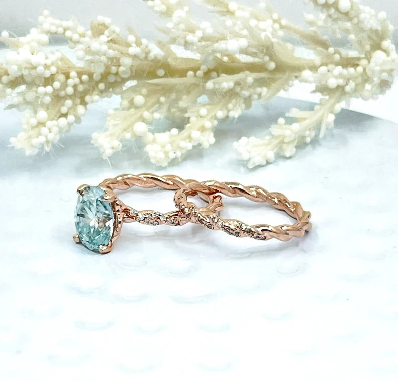 2CT Oval Bridal wedding set in 14k Rose Gold, Oval Cut Moissanite Engagement Ring, Aqua Blue Moissanite Ring, Diamond Eternity Wedding Band