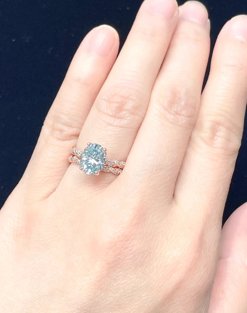 2CT Oval Bridal wedding set in 14k Rose Gold, Oval Cut Moissanite Engagement Ring, Aqua Blue Moissanite Ring, Diamond Eternity Wedding Band