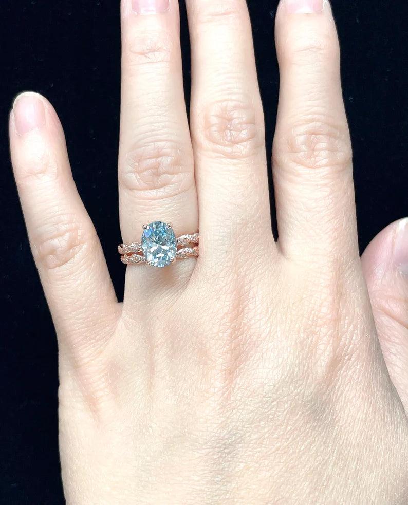 2CT Oval Bridal wedding set in 14k Rose Gold, Oval Cut Moissanite Engagement Ring, Aqua Blue Moissanite Ring, Diamond Eternity Wedding Band