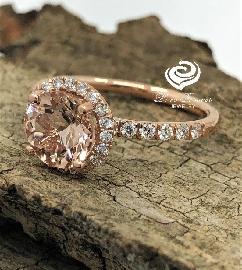 14k Rose Gold Engagement Ring Morganite Ring Diamond Ring 8mm/1.62 Carats Round Cut Morganite Halo Diamond Wedding Ring Anniversary Ring