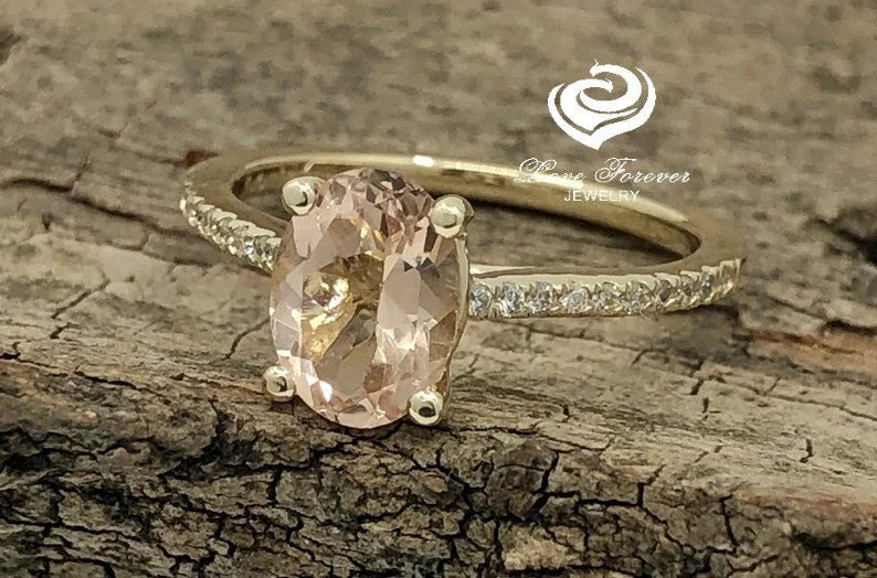 14k Yellow Gold Engagement Ring Morganite Ring Diamond Ring 8x6mm Oval Cut Morganite Diamond Wedding Ring