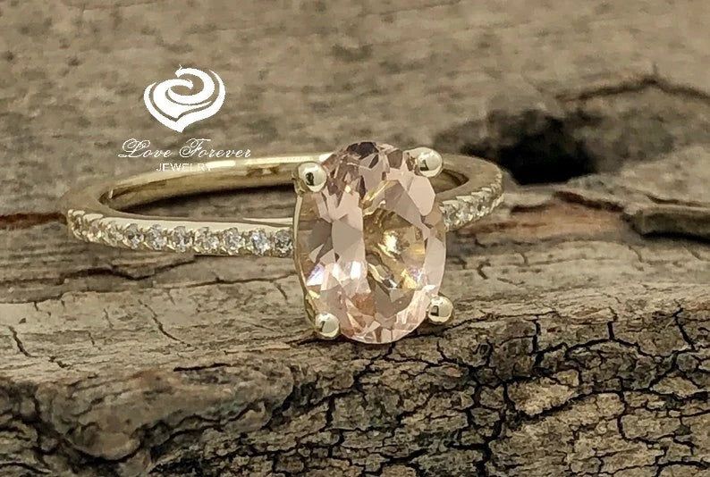 14k Yellow Gold Engagement Ring Morganite Ring Diamond Ring 8x6mm Oval Cut Morganite Diamond Wedding Ring