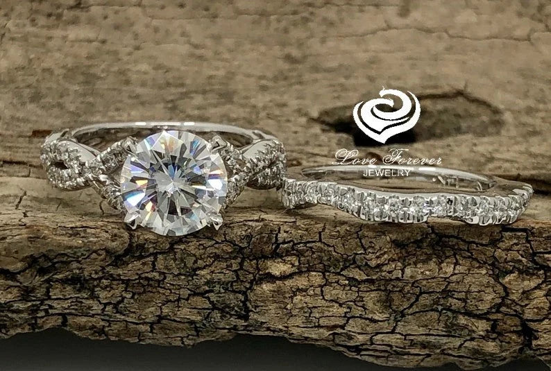 2 CT Round Engagement Ring Set 14k White Gold, Round Cut Moissanite Bridal Set, Moissanite Engagement Ring,Forever One Round Moissanite Ring