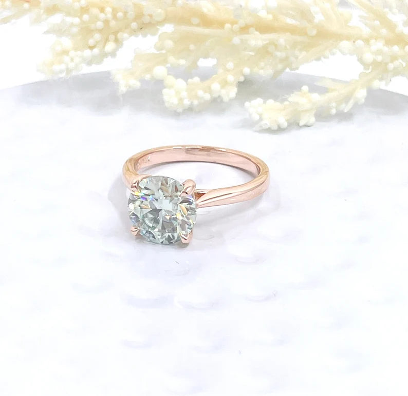 Round Cut Engagement Ring 14k Rose Gold, 1.25 CT, 2 CT or 3 CT Aqua Blue Moissanite Engagement Ring, Round Moissanite Anniversary Ring