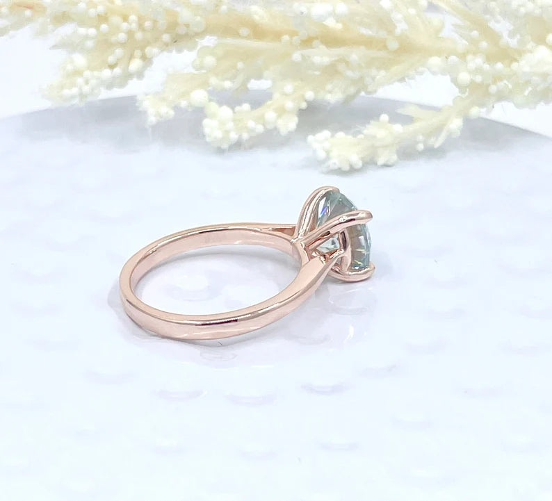 Round Cut Engagement Ring 14k Rose Gold, 1.25 CT, 2 CT or 3 CT Aqua Blue Moissanite Engagement Ring, Round Moissanite Anniversary Ring