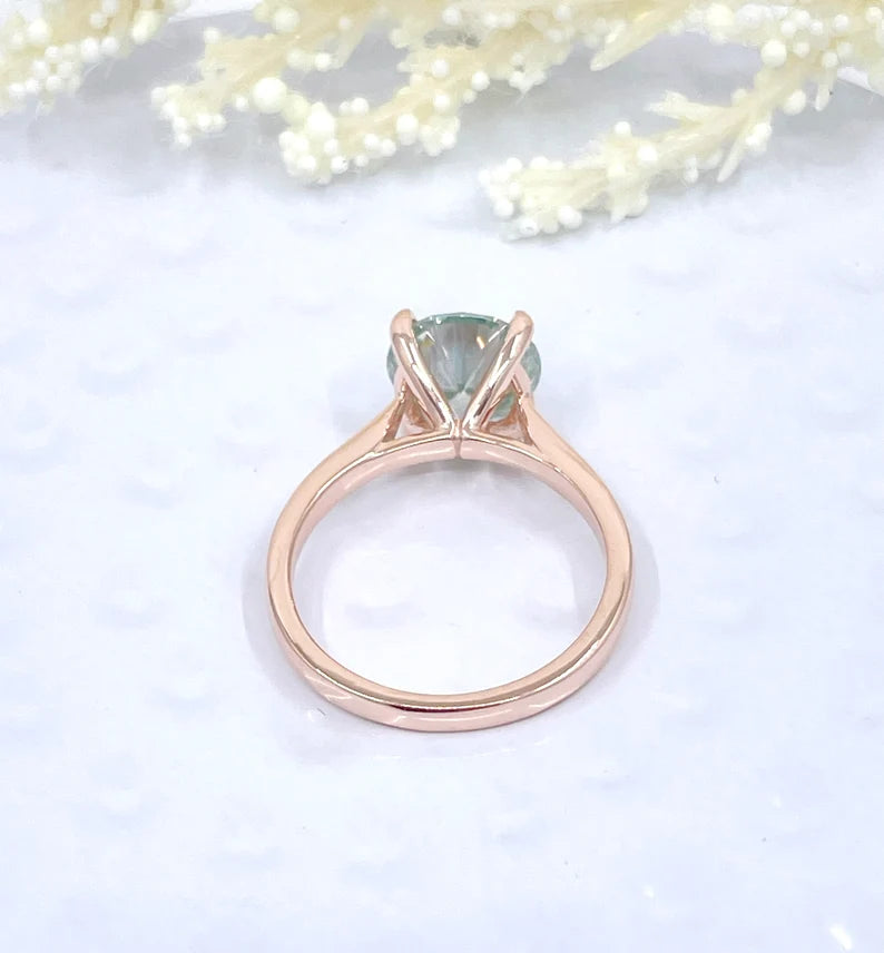 Round Cut Engagement Ring 14k Rose Gold, 1.25 CT, 2 CT or 3 CT Aqua Blue Moissanite Engagement Ring, Round Moissanite Anniversary Ring