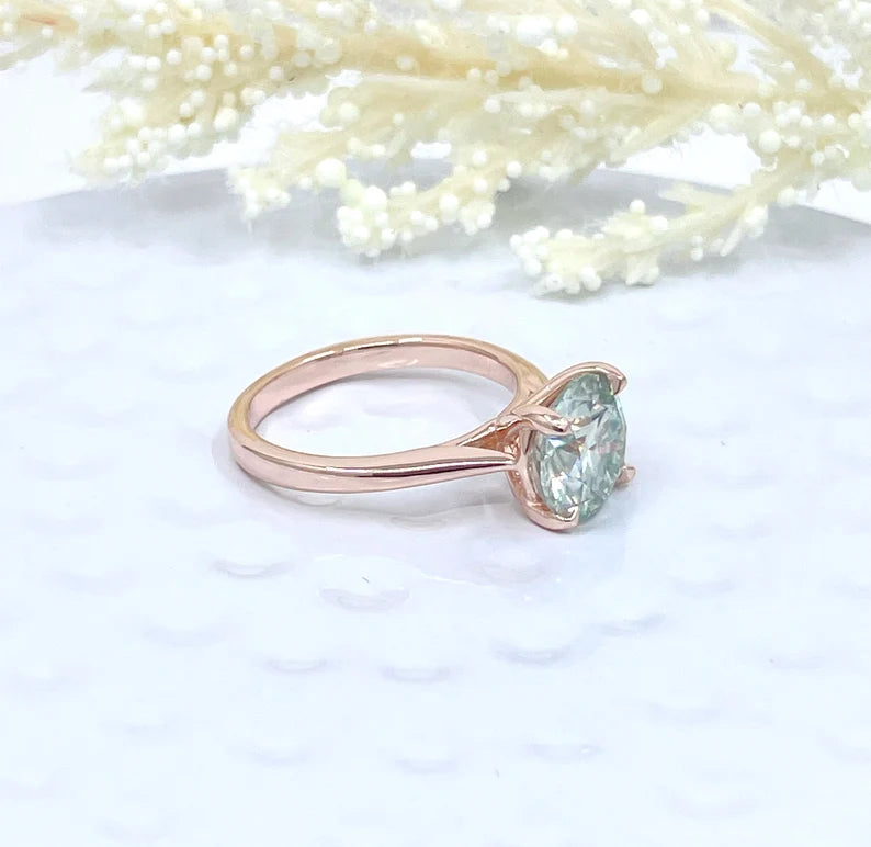 Round Cut Engagement Ring 14k Rose Gold, 1.25 CT, 2 CT or 3 CT Aqua Blue Moissanite Engagement Ring, Round Moissanite Anniversary Ring