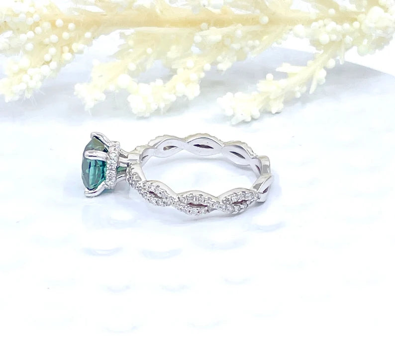 Cushion Cut Green Moissanite Engagement Ring, Hidden Halo Diamond Engagement Ring, 14k White Gold Diamond Ring, Anniversary Ring