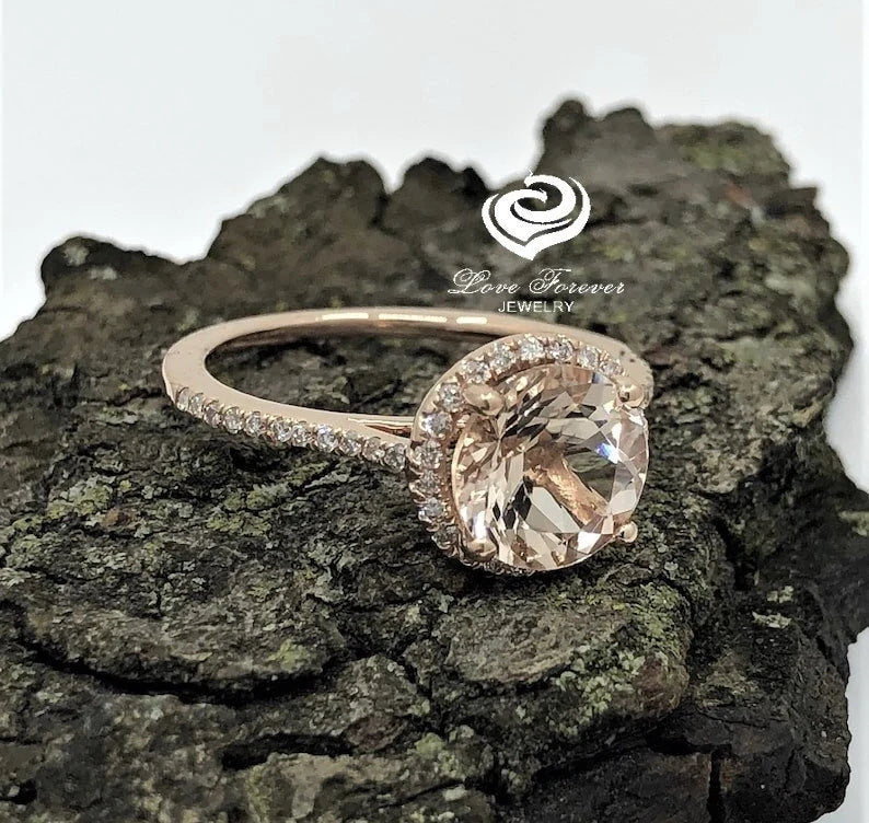 14k Rose Gold Diamond Ring Morganite Ring 8mm Round Cut Morganite Halo Diamond Engagement Ring