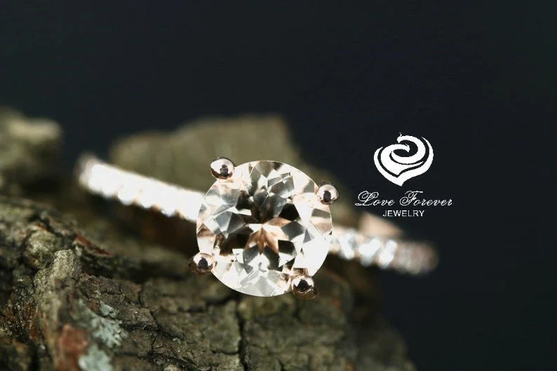 Engagement Ring 14k Rose gold Morganite Ring Diamond Ring 7mm/1.35 Carats Round Cut Morganite Diamond Wedding Ring