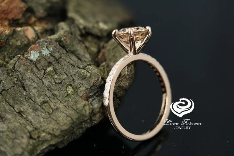 Engagement Ring 14k Rose gold Morganite Ring Diamond Ring 7mm/1.35 Carats Round Cut Morganite Diamond Wedding Ring