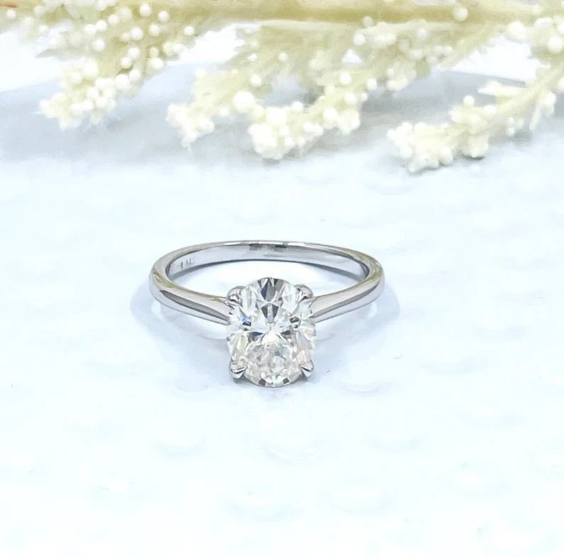 2.0 CT Forever One Oval Moissanite Engagement Ring, Oval Cut Engagement Ring, Thin Band Oval Ring