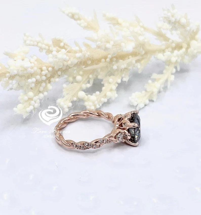 Round Cut Grey Moissanite Ring 14k Rose Gold, 1.25 CT or 2 CT Round Cut Moissanite Engagement Ring, Diamond Ring, Anniversary Ring