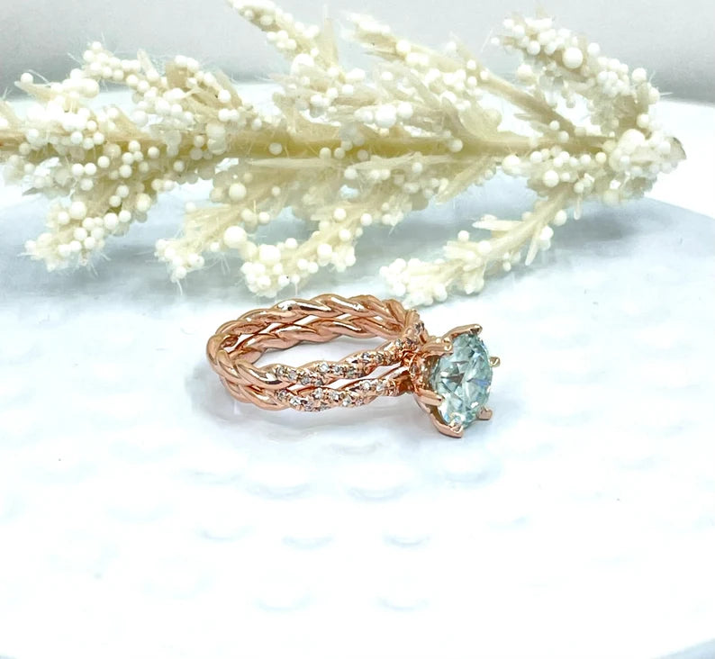 Bridal Set 14k Rose Gold 2 CT Round Aqua Blue Moissanite Engagement Ring, Diamond Eternity Band, Round Cut Moissanite Wedding Set