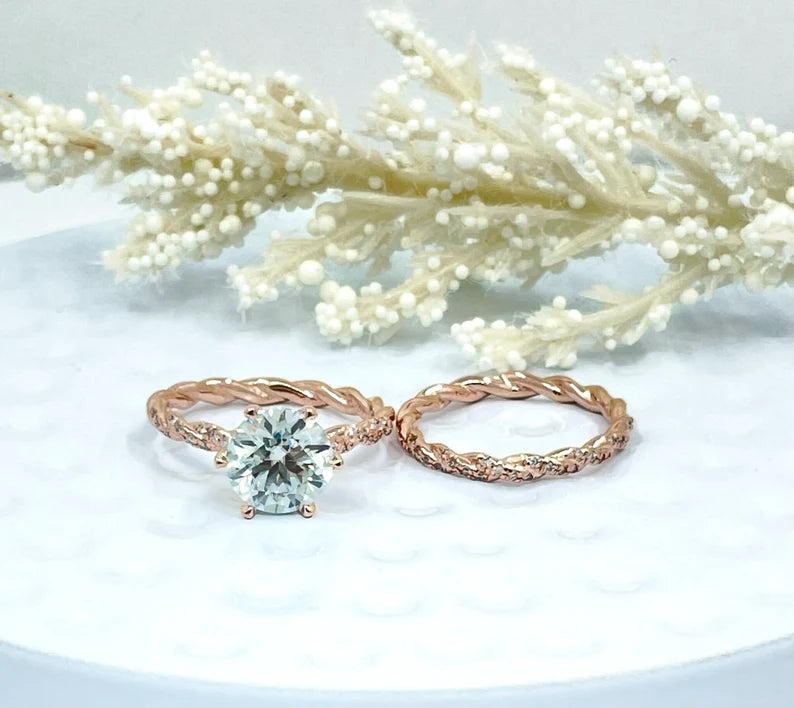 Bridal Set 14k Rose Gold 2 CT Round Aqua Blue Moissanite Engagement Ring, Diamond Eternity Band, Round Cut Moissanite Wedding Set