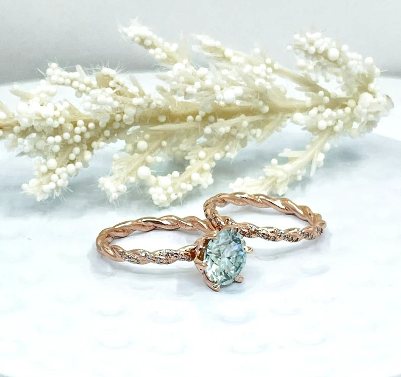 Bridal Set 14k Rose Gold 2 CT Round Aqua Blue Moissanite Engagement Ring, Diamond Eternity Band, Round Cut Moissanite Wedding Set