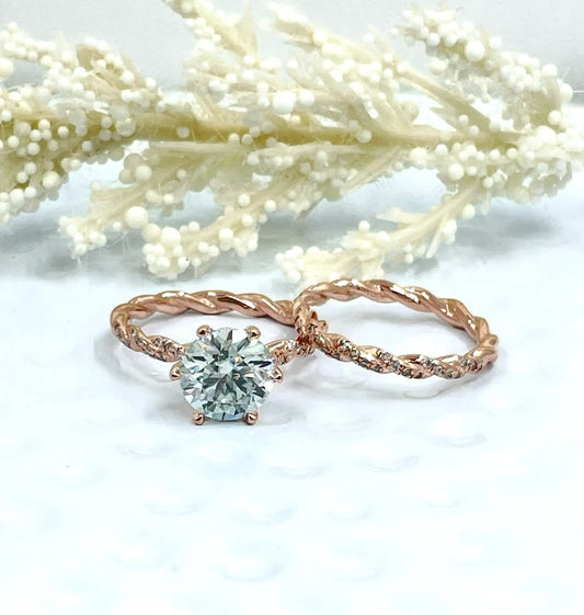 Bridal Set 14k Rose Gold 2 CT Round Aqua Blue Moissanite Engagement Ring, Diamond Eternity Band, Round Cut Moissanite Wedding Set