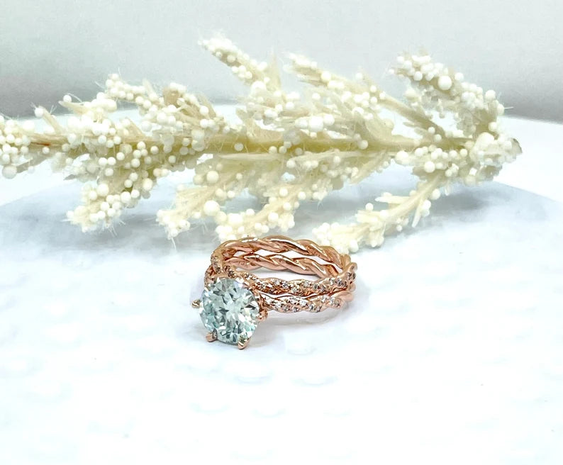 Bridal Set 14k Rose Gold 2 CT Round Aqua Blue Moissanite Engagement Ring, Diamond Eternity Band, Round Cut Moissanite Wedding Set