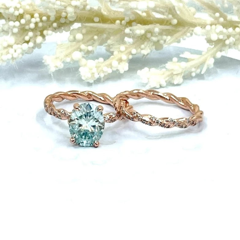 2CT Oval Bridal wedding set in 14k Rose Gold, Oval Cut Moissanite Engagement Ring, Aqua Blue Moissanite Ring, Diamond Eternity Wedding Band