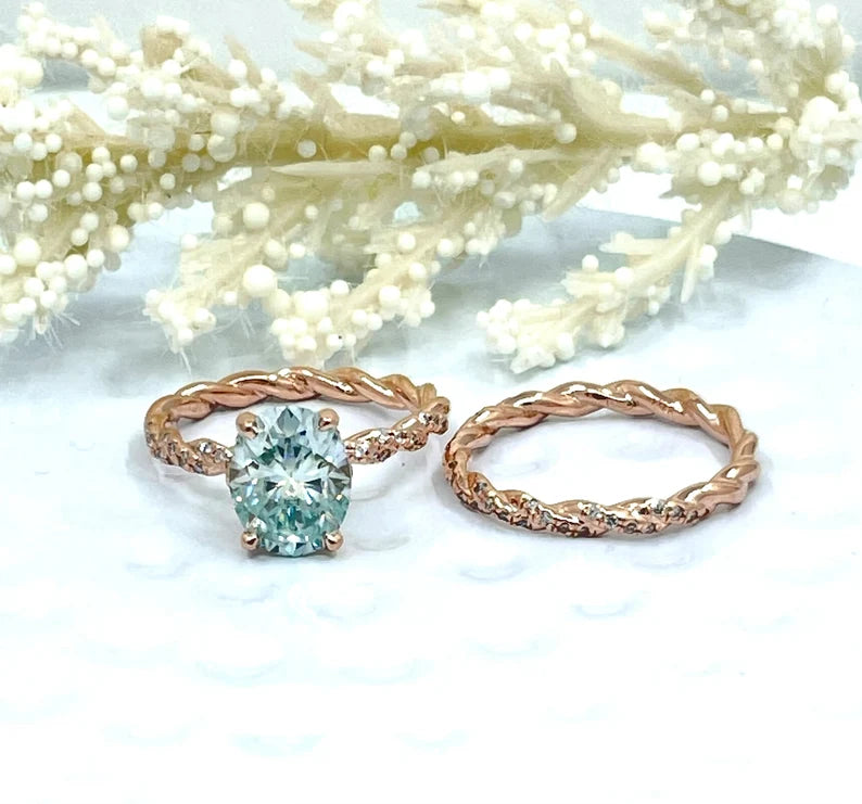 2CT Oval Bridal wedding set in 14k Rose Gold, Oval Cut Moissanite Engagement Ring, Aqua Blue Moissanite Ring, Diamond Eternity Wedding Band