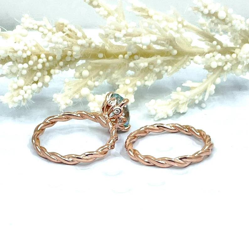 2CT Oval Bridal wedding set in 14k Rose Gold, Oval Cut Moissanite Engagement Ring, Aqua Blue Moissanite Ring, Diamond Eternity Wedding Band