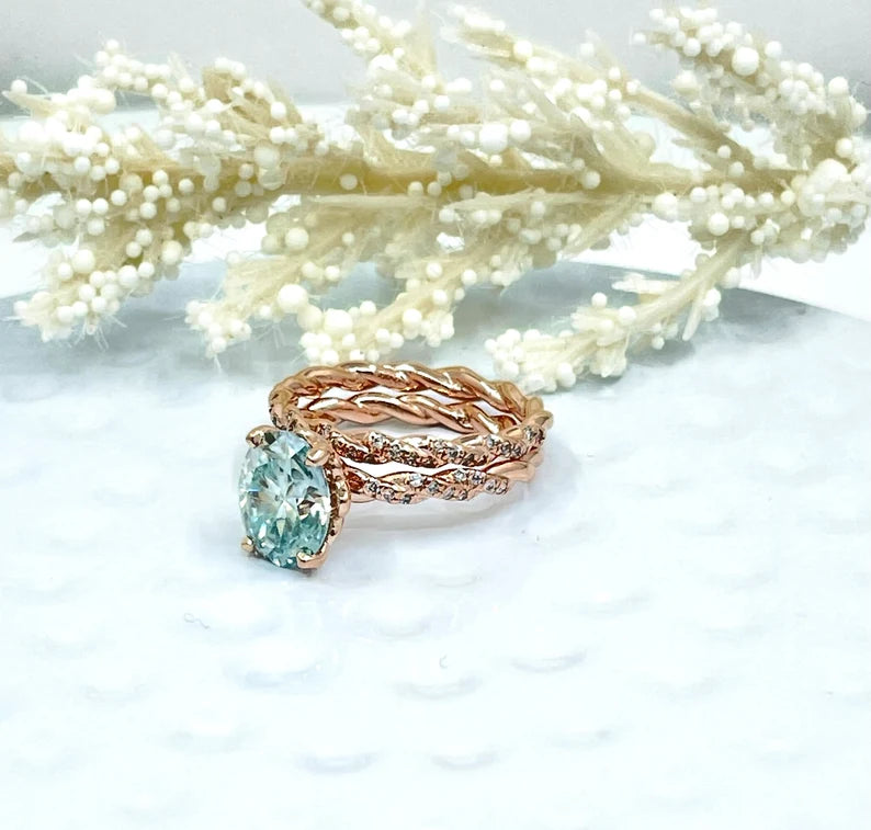 2CT Oval Bridal wedding set in 14k Rose Gold, Oval Cut Moissanite Engagement Ring, Aqua Blue Moissanite Ring, Diamond Eternity Wedding Band