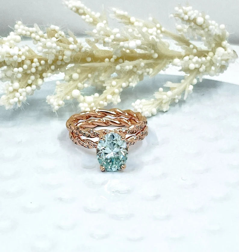 2CT Oval Bridal wedding set in 14k Rose Gold, Oval Cut Moissanite Engagement Ring, Aqua Blue Moissanite Ring, Diamond Eternity Wedding Band