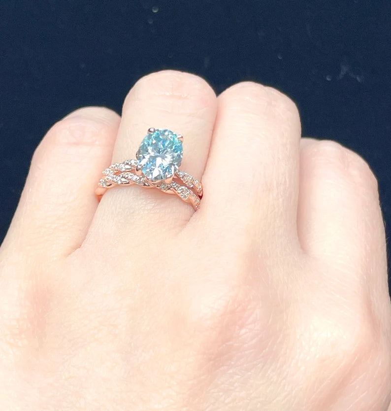 2CT Oval Bridal wedding set in 14k Rose Gold, Oval Cut Moissanite Engagement Ring, Aqua Blue Moissanite Ring, Diamond Eternity Wedding Band